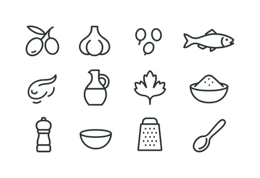 Tapenade Ingredients Icons. Tapenade Ingredients. Line icon set of Tapenade Ingredients: olives, garlic, capers, anchovy, lemon zest, olive oil bottle, parsley