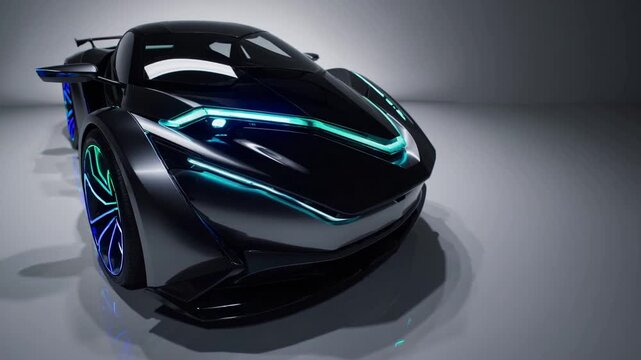 sleek black electric supercar glowing neon, glossy studio with mirrored floor, cyan accent lighting, lowprofile stance and aggressive front fascia, illuminated headlights and sculpted carbon details,