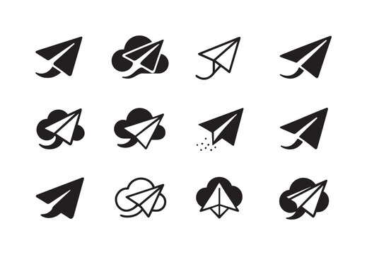 Imaginative Paper Plane Icons. imagination flying. Icon set. Set Logo of imagination flying: floating paper plane. harmonious logo variations of the same