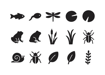 Obraz premium Freshwater Life Icons. Freshwater life. Solid icon set of Freshwater life: small fish, tadpole, dragonfly, lily pad, frog silhouette, cattail plant, reeds,