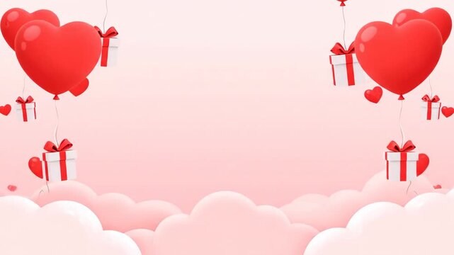 Red Heart Balloons and Gifts Floating Above Pink Clouds