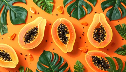 Vibrant Halved Papayas with Tropical Leaves on Orange Background.