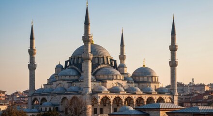 Obraz premium A large mosque with multiple domes and minarets set against a clear sky