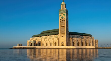 Fototapeta premium A large, ornate building with a tall tower stands on a small island surrounded by calm water under a clear blue sky