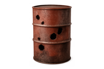 Rusty abandoned industrial drum with holes, showing damage, decay, and environmental waste on transparent background