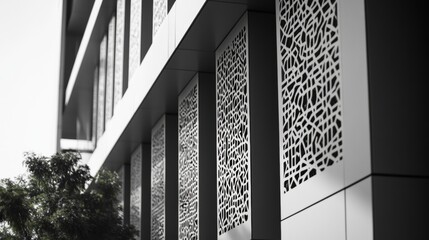 A modern building with a facade featuring geometric patterns and designs. The structure is composed of glass panels and large, rectangular blocks that create an architectural focal point.