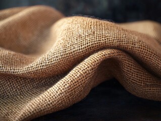 Fototapeta premium Close-up of burlap fabric spread out on dark surface.