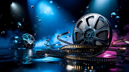 A film reel and film reels on a dark blue background