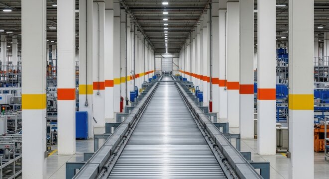 Expansive industrial warehouse interior showcasing an empty, modern roller conveyor belt system stretching into the distance