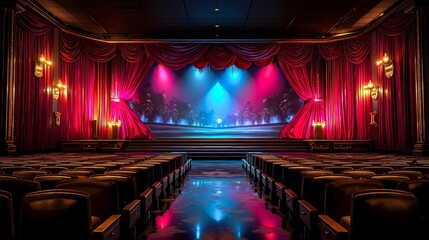 A theater with rows of empty seats and a stage