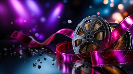 A film reel and a film strip on a purple background