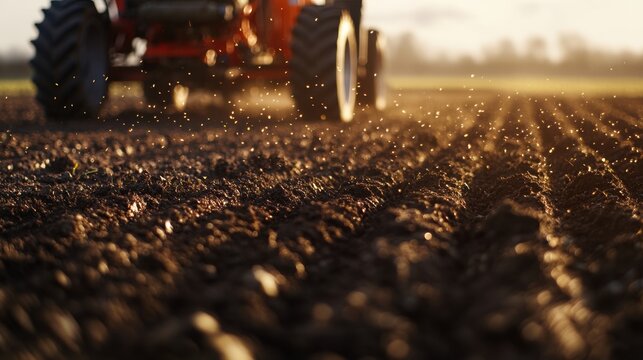 A red tractor plowing a field with freshly turned soil.