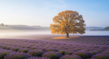 A large tree with yellow leaves stands alone in a vast field of purple flowers under a clear blue sky at sunrise in a rural countryside landscape