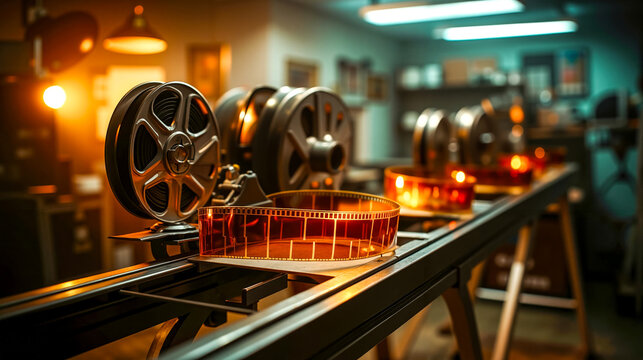 A row of film reels sitting on top of a table in a room