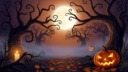 Spooky Halloween night background illustration featuring orange pumpkins and dark silhouettes of bats and trees under a full moon for a scary October holiday celebration vector design