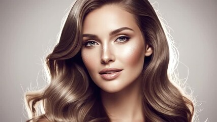 Elegant woman with shiny wavy hair and professional makeup in a beauty video shoot for beauty and
