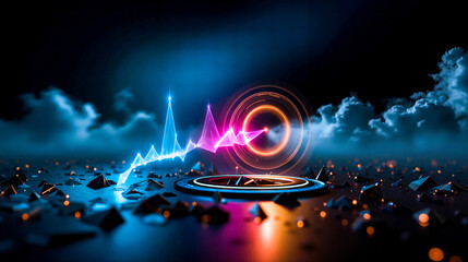 A futuristic landscape with a circle in the middle of the sky