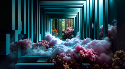 A tunnel in the middle of a forest filled with clouds