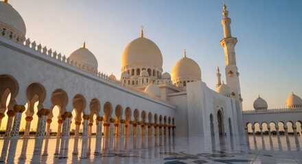 A large white mosque with golden domes and a tall minaret stands majestically in a Middle Eastern city at sunrise