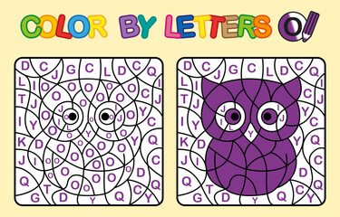 Color by letter O. Owl. Coloring Flower. Puzzle game for children education