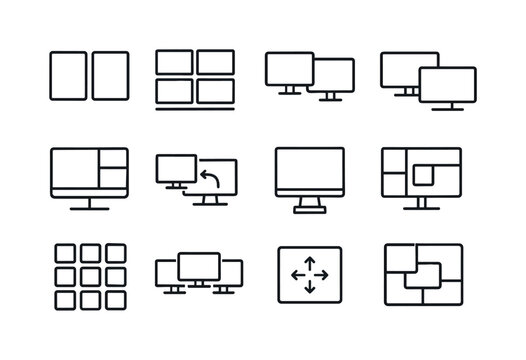 Multitasking Icon Set. Multitasking on screen. Line icon set of Multitasking on screen: virtual desktop icon, workspace switcher, multi-monitor icon, extended