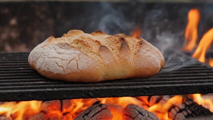 Rustic homemade bread baking on a hot grill over an open wood fire creating a delicious crust and smoky aroma in an outdoor cooking setting.
