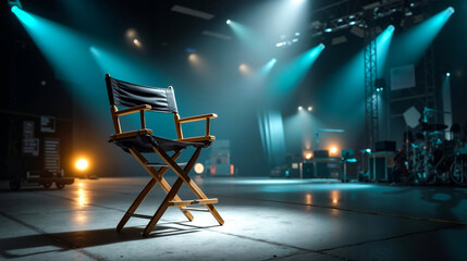A director's chair sitting in front of a stage with spotlights