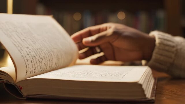 Hand reading open book in library