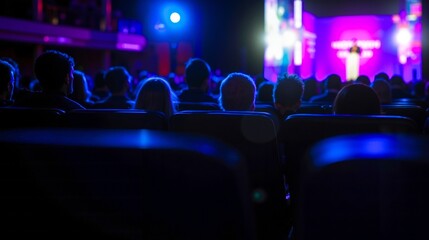 A crowd of people sitting in a theater watching a movie