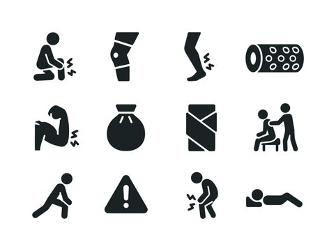 Running Injury Icons. Running injuries. Solid icon set of Running injuries: ankle pain, knee brace, shin splint icon, foam roller, sore muscle icon, ice pack,