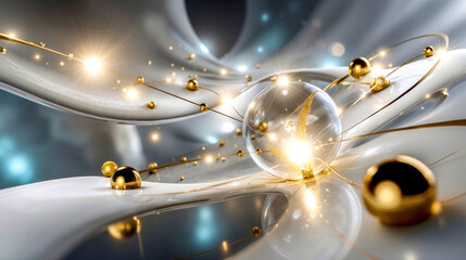 A computer generated image of a glass ball surrounded by gold and silver spheres
