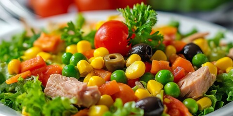 Fresh and healthy seafood salad topped with vibrant cherry tomatoes and a sprig of parsley. A delicious and nutritious meal option for any occasion.