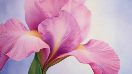 Close-up of billowy pink iris petals against a soft blue gradient, with delicate texture and glow. soft sheen