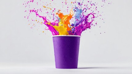 A purple cup erupts with a vibrant explosion of multicolored paint droplets