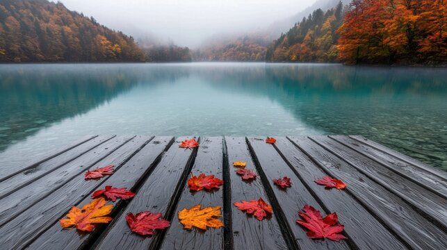 Autumn leaves on a wooden dock. - Powered by Adobe