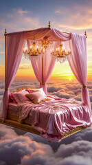 A bed with a canopy over a bed in the clouds