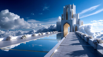 A futuristic building in the middle of a pool surrounded by clouds