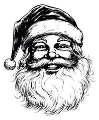 Hand drawn line art illustration of Santa Claus head depicting a happy, smiling face for Christmas and holiday designs