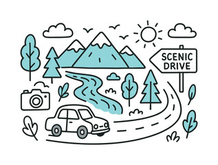 Fototapeta premium Scenic Drive Doodle. Scenic Drive. Hand-drawn doodle illustration Scenic Drive mountains (accented), trees, river (accented), car, sun, clouds (accented),