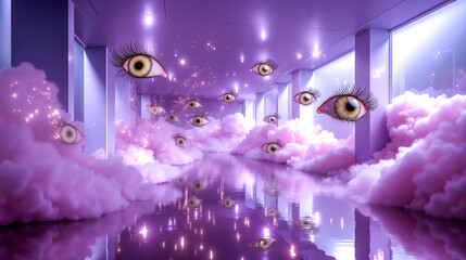 A room filled with lots of pink clouds and eyes