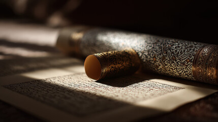 Ornate container rests on aged manuscript.