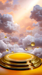 A golden podium with a cloudy sky in the background