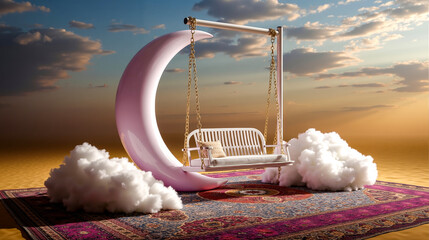A white swing on a pink moon shaped swing in the middle of a desert