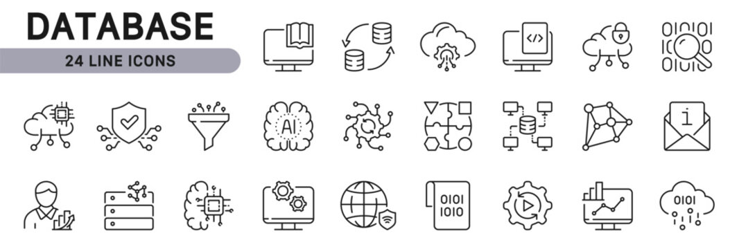 Database line icon set showing Data, Storage, Computing, Analytics, Programming, Information