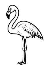 Black and white vector illustration of a flamingo. Minimalistic outline drawing in line art style, isolated on white background. Suitable for logos, icons, prints, posters, tattoos, coloring books.