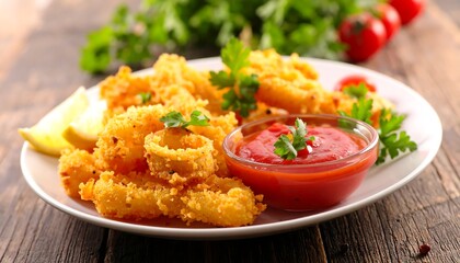 Crispy Fried Calamari Rings Appetizer with Tomato Dip and Lemon Wedge.