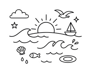 Ocean Doodle Scene. Ocean view. Hand-drawn doodle illustration ocean view waves, sun, cloud, horizon arc, seagull, star, sparkle, sailboat, small fish,