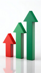 Three dimensional arrows showing growth and progress with red and green hues