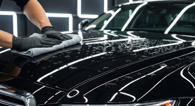 A person in gloves gently wipes a black car's hood, water beading on the glossy surface