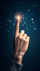 A hand touches a glowing network of interconnected nodes and lines